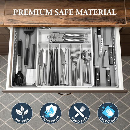 Expandable Kitchen Drawer Flatware Organizer, Gray | Expandable Kitchen Drawer Flatware Organizer, Gray – Adjustable Cutlery Tray with 9 Compartments for Utensils and Silverware