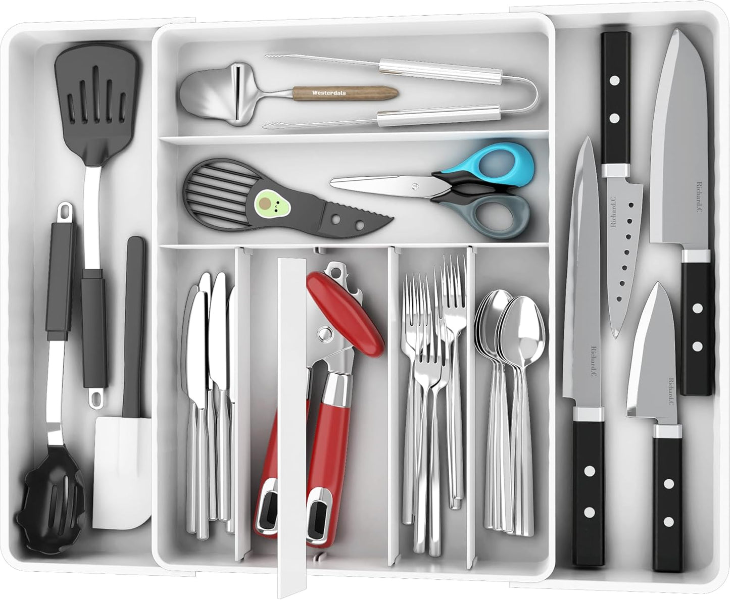 Expandable Kitchen Drawer Flatware Organizer, Gray | Expandable Kitchen Drawer Flatware Organizer, Gray – Adjustable Cutlery Tray with 9 Compartments for Utensils and Silverware