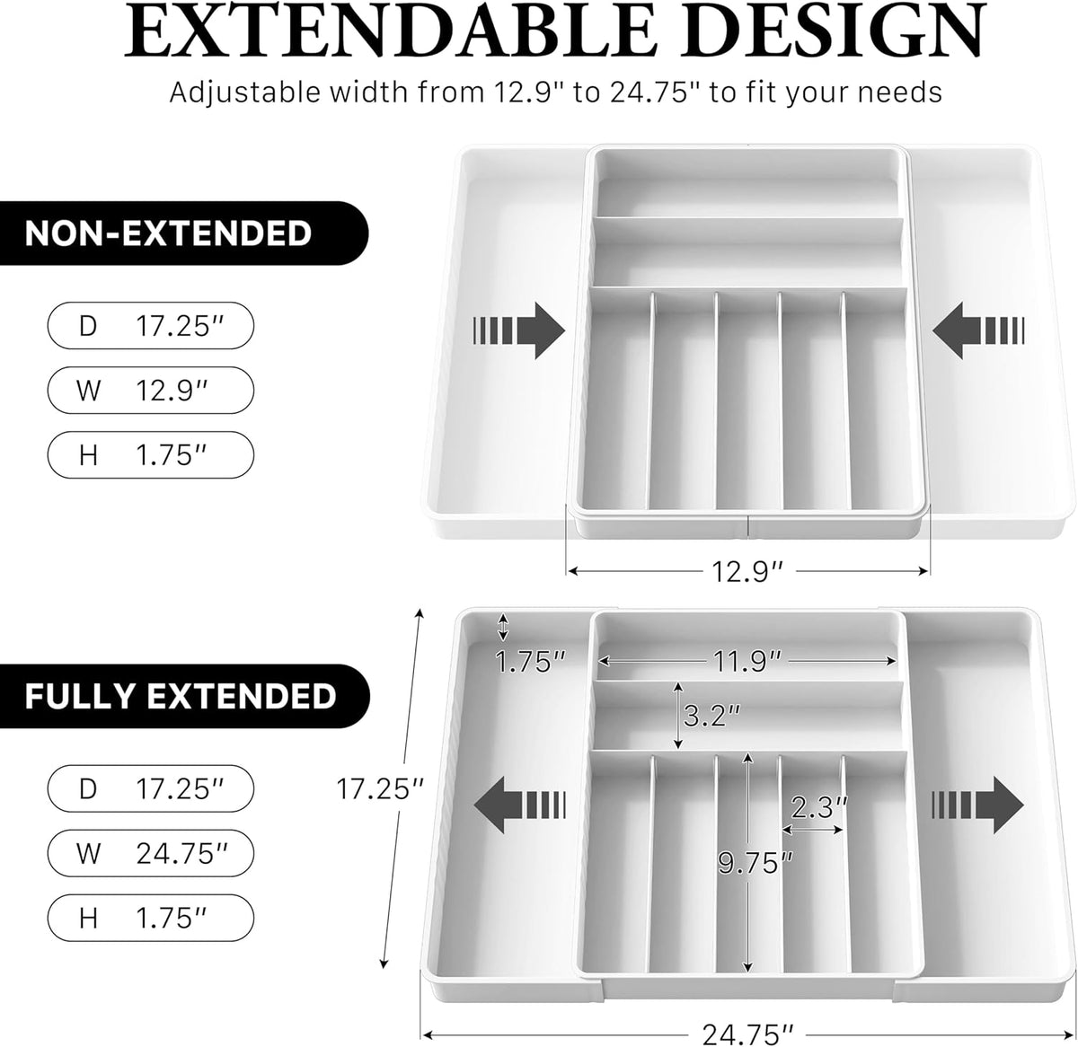 Expandable Kitchen Drawer Flatware Organizer, Gray | Expandable Kitchen Drawer Flatware Organizer, Gray – Adjustable Cutlery Tray with 9 Compartments for Utensils and Silverware