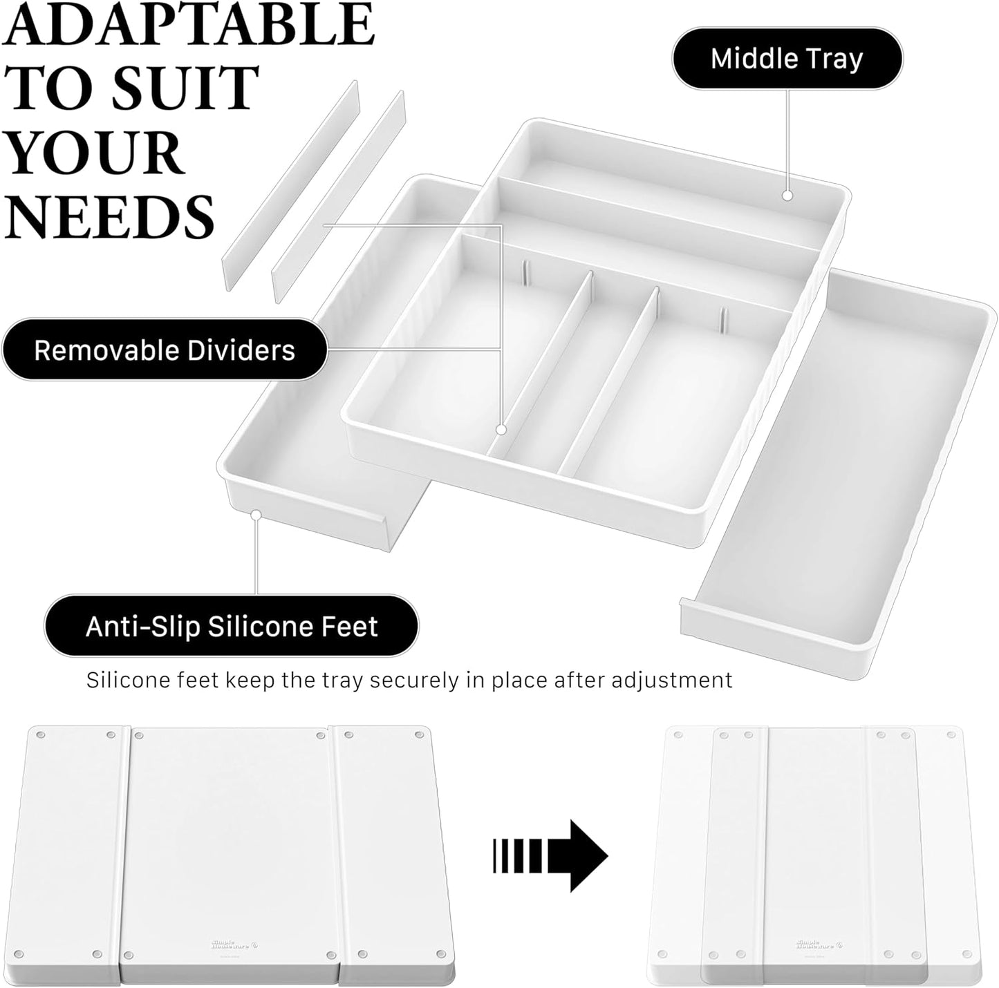 Expandable Kitchen Drawer Flatware Organizer, Gray | Expandable Kitchen Drawer Flatware Organizer, Gray – Adjustable Cutlery Tray with 9 Compartments for Utensils and Silverware