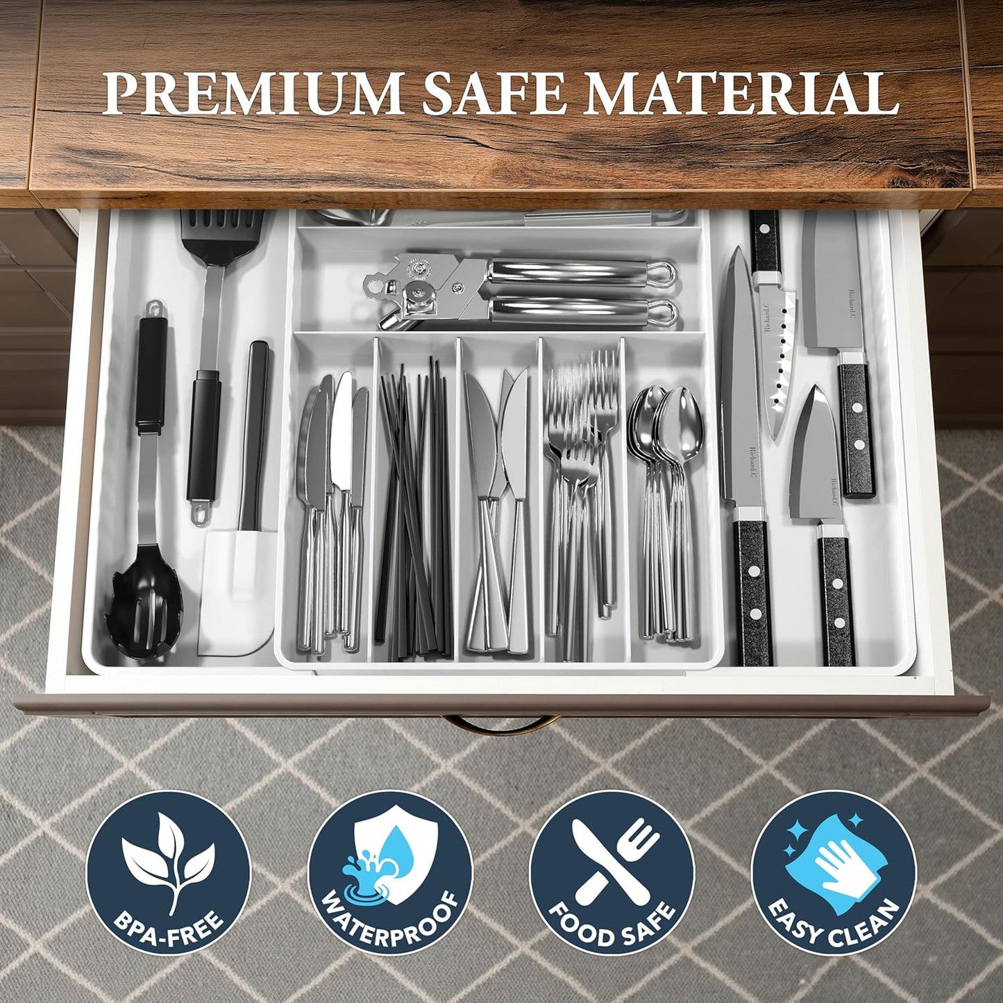 Expandable Kitchen Drawer Flatware Organizer, Gray | Expandable Kitchen Drawer Flatware Organizer, Gray – Adjustable Cutlery Tray with 9 Compartments for Utensils and Silverware