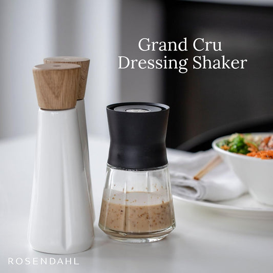 Grand Cru 8.5 Oz Dressing Shaker - Elegant Black Glass Container with Push-Button Lid, 360-Degree Spout for Easy Pouring, Leak-Proof, Multifunctional Kitchen Essential for Homemade Dressings