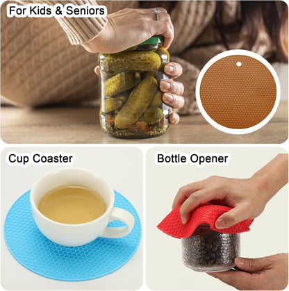 4pcs Silicone Jar Opener Pads, 17.5cm/7" Texture Can Opener Multipurpose Round Bottle Lid Opener Non-Slip Coasters for Weak Hands Seniors Children, Black