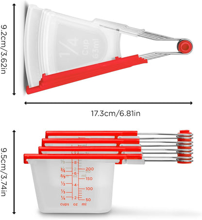 Levups Self-Levelling Measuring Cup Set, Metric & Imperial Measurements up to 1 Cup - Pack of 4, Red