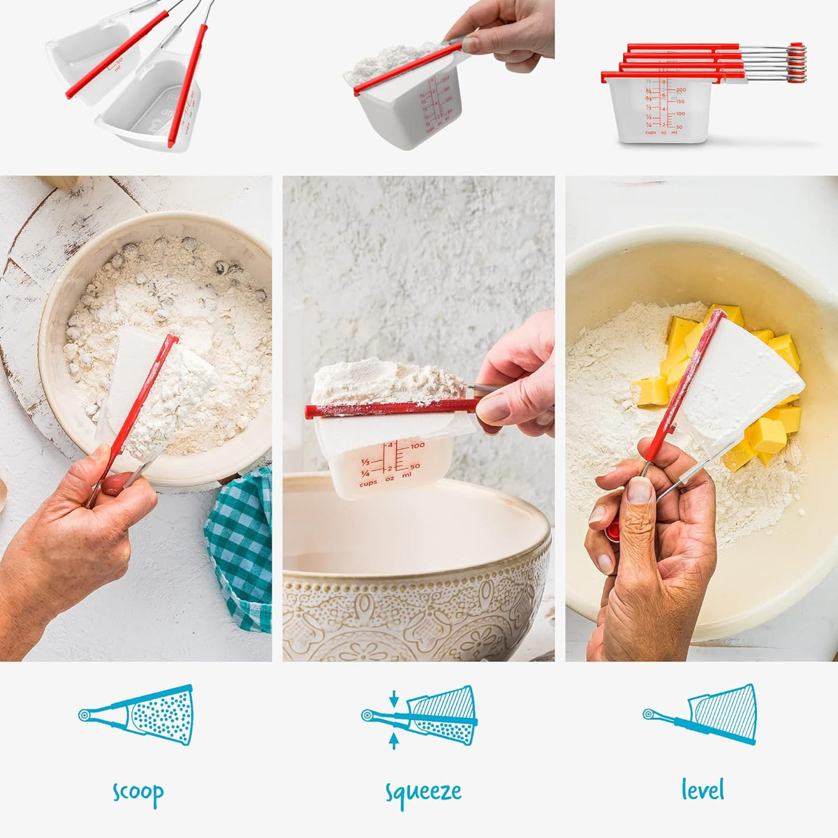 Levups Self-Levelling Measuring Cup Set, Metric & Imperial Measurements up to 1 Cup - Pack of 4, Red