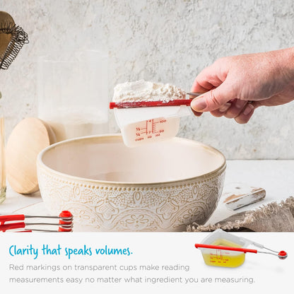 Levups Self-Levelling Measuring Cup Set, Metric & Imperial Measurements up to 1 Cup - Pack of 4, Red