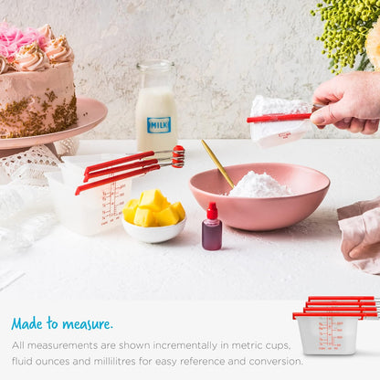 Levups Self-Levelling Measuring Cup Set, Metric & Imperial Measurements up to 1 Cup - Pack of 4, Red