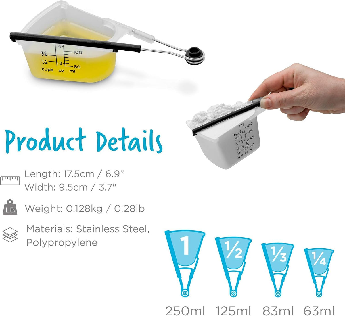 Levups Self-Levelling Measuring Cup Set, Metric & Imperial Measurements up to 1 Cup - Pack of 4, Red