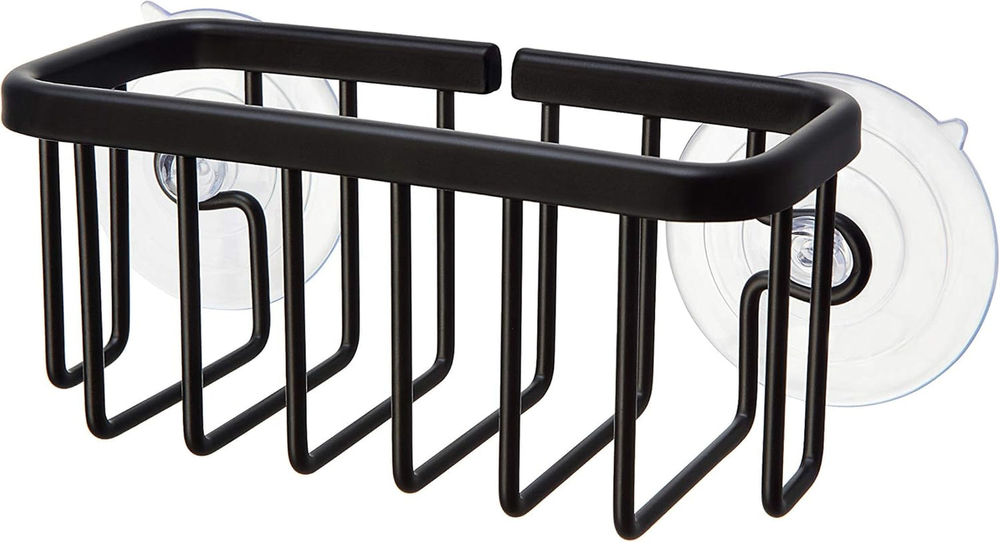 NeverRust Kitchen & Bathroom Sink Caddy for Sponges, Scrubbers, Soap, 6" x 2.5" x 2.65", with Adhesive Mount - Additional Suction Cup Included –Aluminum (Black)