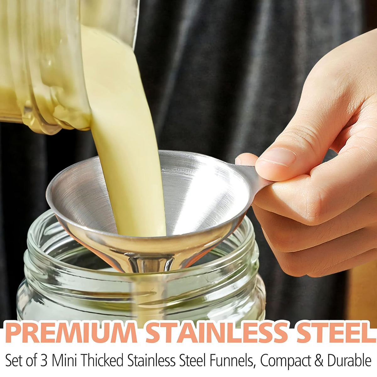Stainless Steel Mini Kitchen Funnel Set, 3 Pack Durable Metal Filling Funnels for Transferring Liquid, Dry ingredients, Cosmetic Lotion, Fluid, Spices, Powder - Food-Grade & High Heat Resistant