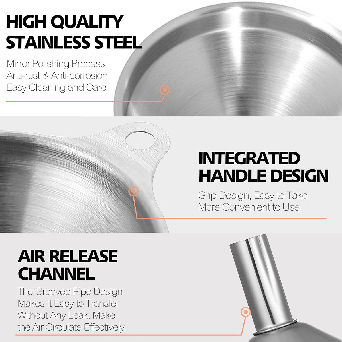 Stainless Steel Mini Kitchen Funnel Set, 3 Pack Durable Metal Filling Funnels for Transferring Liquid, Dry ingredients, Cosmetic Lotion, Fluid, Spices, Powder - Food-Grade & High Heat Resistant