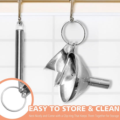 Stainless Steel Mini Kitchen Funnel Set, 3 Pack Durable Metal Filling Funnels for Transferring Liquid, Dry ingredients, Cosmetic Lotion, Fluid, Spices, Powder - Food-Grade & High Heat Resistant