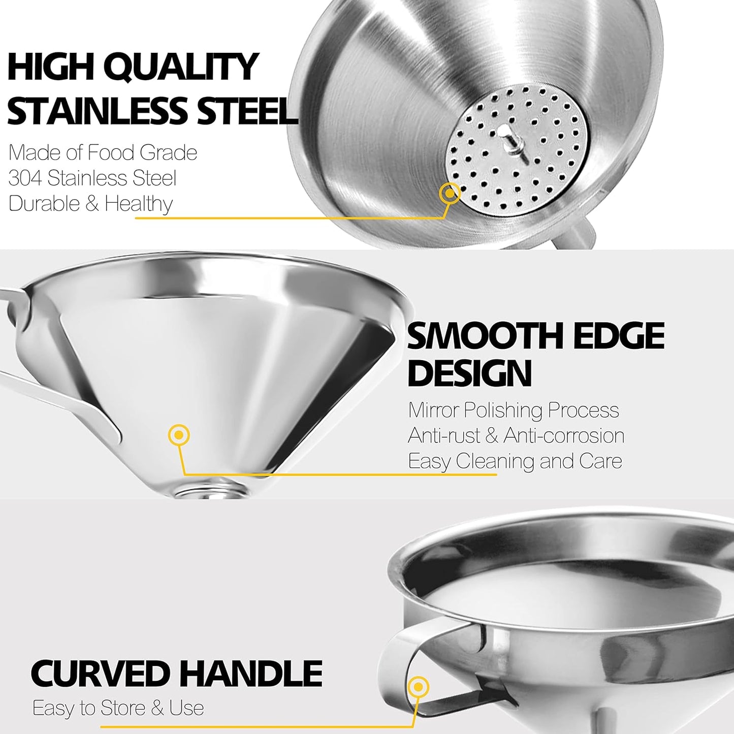 Stainless Steel Mini Kitchen Funnel Set, 3 Pack Durable Metal Filling Funnels for Transferring Liquid, Dry ingredients, Cosmetic Lotion, Fluid, Spices, Powder - Food-Grade & High Heat Resistant