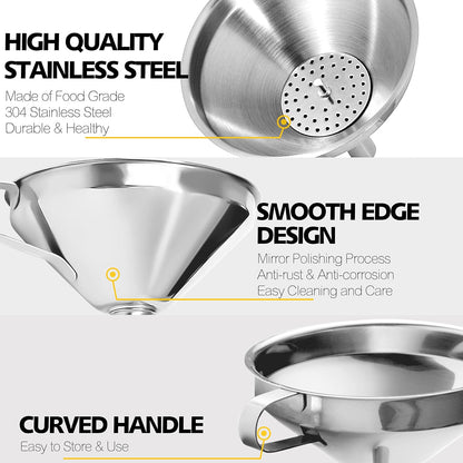 Stainless Steel Mini Kitchen Funnel Set, 3 Pack Durable Metal Filling Funnels for Transferring Liquid, Dry ingredients, Cosmetic Lotion, Fluid, Spices, Powder - Food-Grade & High Heat Resistant