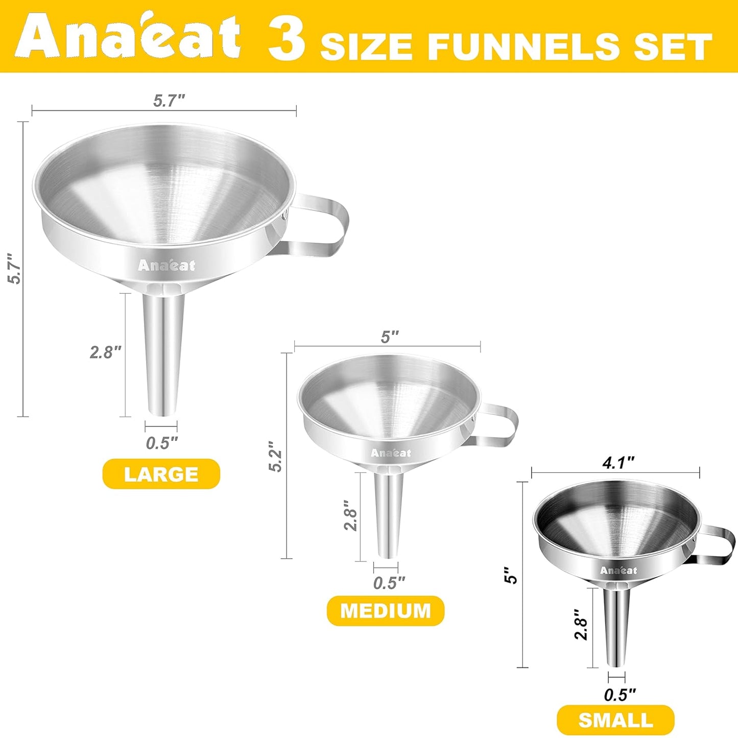 Stainless Steel Mini Kitchen Funnel Set, 3 Pack Durable Metal Filling Funnels for Transferring Liquid, Dry ingredients, Cosmetic Lotion, Fluid, Spices, Powder - Food-Grade & High Heat Resistant