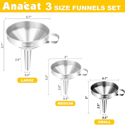 Stainless Steel Mini Kitchen Funnel Set, 3 Pack Durable Metal Filling Funnels for Transferring Liquid, Dry ingredients, Cosmetic Lotion, Fluid, Spices, Powder - Food-Grade & High Heat Resistant