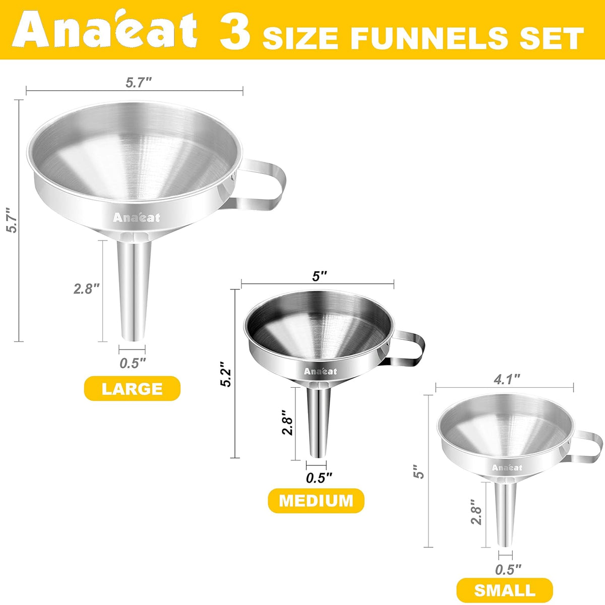 Stainless Steel Mini Kitchen Funnel Set, 3 Pack Durable Metal Filling Funnels for Transferring Liquid, Dry ingredients, Cosmetic Lotion, Fluid, Spices, Powder - Food-Grade & High Heat Resistant