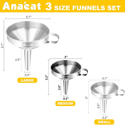 Stainless Steel Mini Kitchen Funnel Set, 3 Pack Durable Metal Filling Funnels for Transferring Liquid, Dry ingredients, Cosmetic Lotion, Fluid, Spices, Powder - Food-Grade & High Heat Resistant