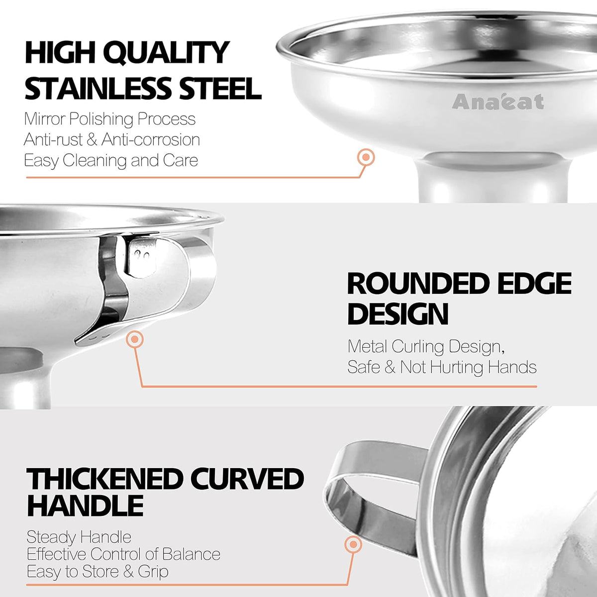 Stainless Steel Mini Kitchen Funnel Set, 3 Pack Durable Metal Filling Funnels for Transferring Liquid, Dry ingredients, Cosmetic Lotion, Fluid, Spices, Powder - Food-Grade & High Heat Resistant