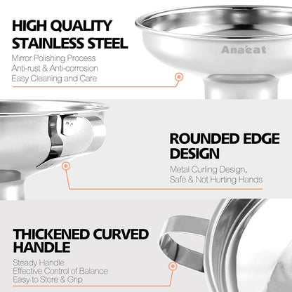 Stainless Steel Mini Kitchen Funnel Set, 3 Pack Durable Metal Filling Funnels for Transferring Liquid, Dry ingredients, Cosmetic Lotion, Fluid, Spices, Powder - Food-Grade & High Heat Resistant