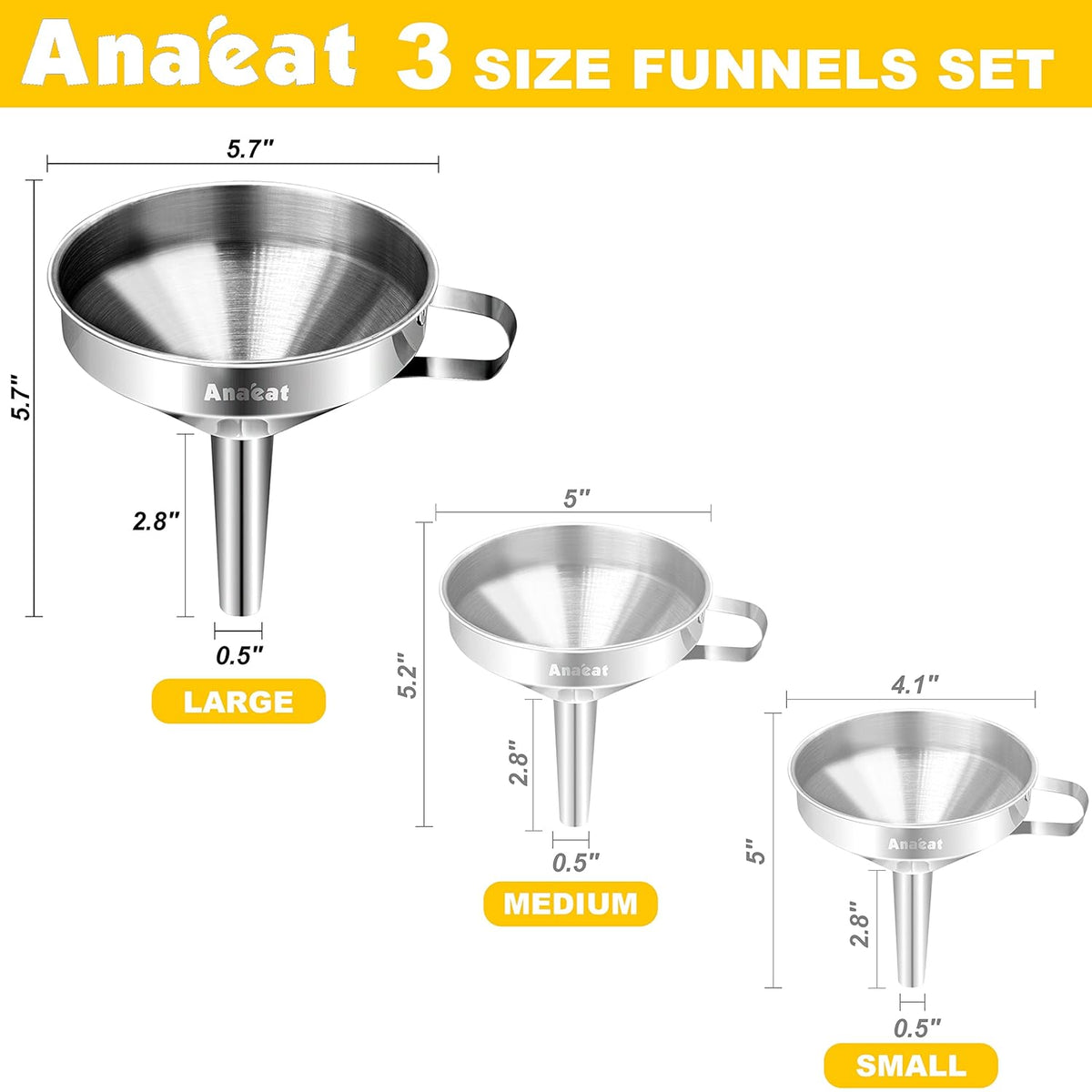 Stainless Steel Mini Kitchen Funnel Set, 3 Pack Durable Metal Filling Funnels for Transferring Liquid, Dry ingredients, Cosmetic Lotion, Fluid, Spices, Powder - Food-Grade & High Heat Resistant