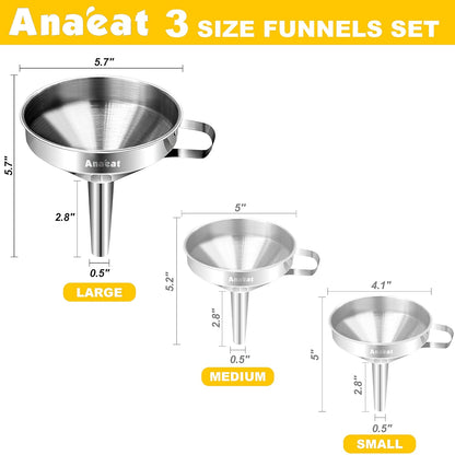 Stainless Steel Mini Kitchen Funnel Set, 3 Pack Durable Metal Filling Funnels for Transferring Liquid, Dry ingredients, Cosmetic Lotion, Fluid, Spices, Powder - Food-Grade & High Heat Resistant