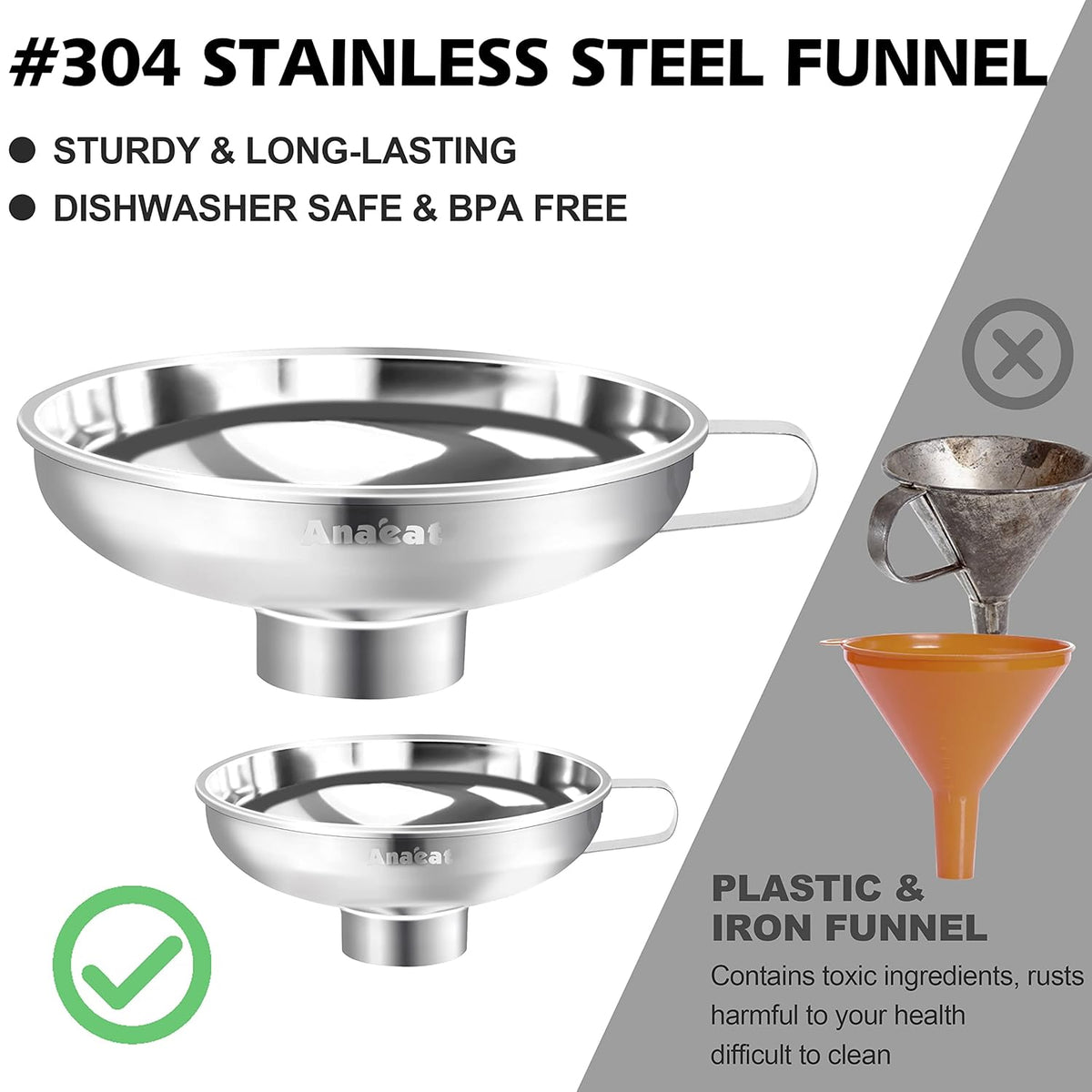 Stainless Steel Mini Kitchen Funnel Set, 3 Pack Durable Metal Filling Funnels for Transferring Liquid, Dry ingredients, Cosmetic Lotion, Fluid, Spices, Powder - Food-Grade & High Heat Resistant