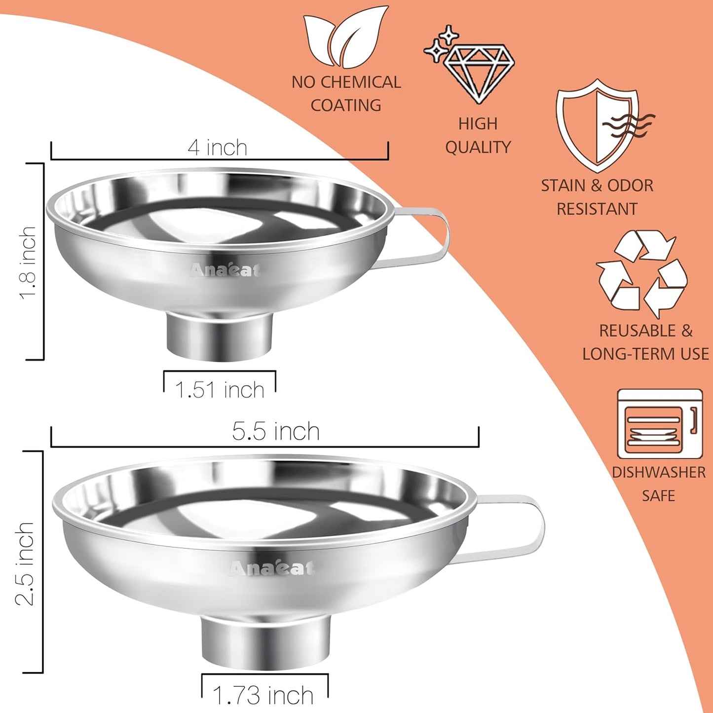 Stainless Steel Mini Kitchen Funnel Set, 3 Pack Durable Metal Filling Funnels for Transferring Liquid, Dry ingredients, Cosmetic Lotion, Fluid, Spices, Powder - Food-Grade & High Heat Resistant