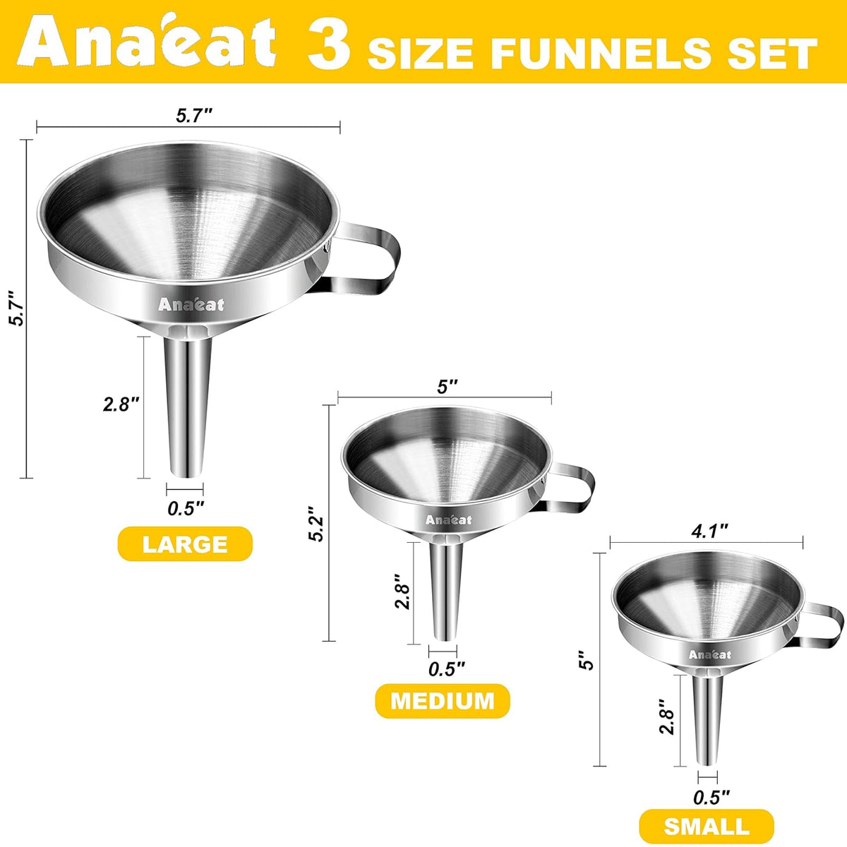 Stainless Steel Mini Kitchen Funnel Set, 3 Pack Durable Metal Filling Funnels for Transferring Liquid, Dry ingredients, Cosmetic Lotion, Fluid, Spices, Powder - Food-Grade & High Heat Resistant