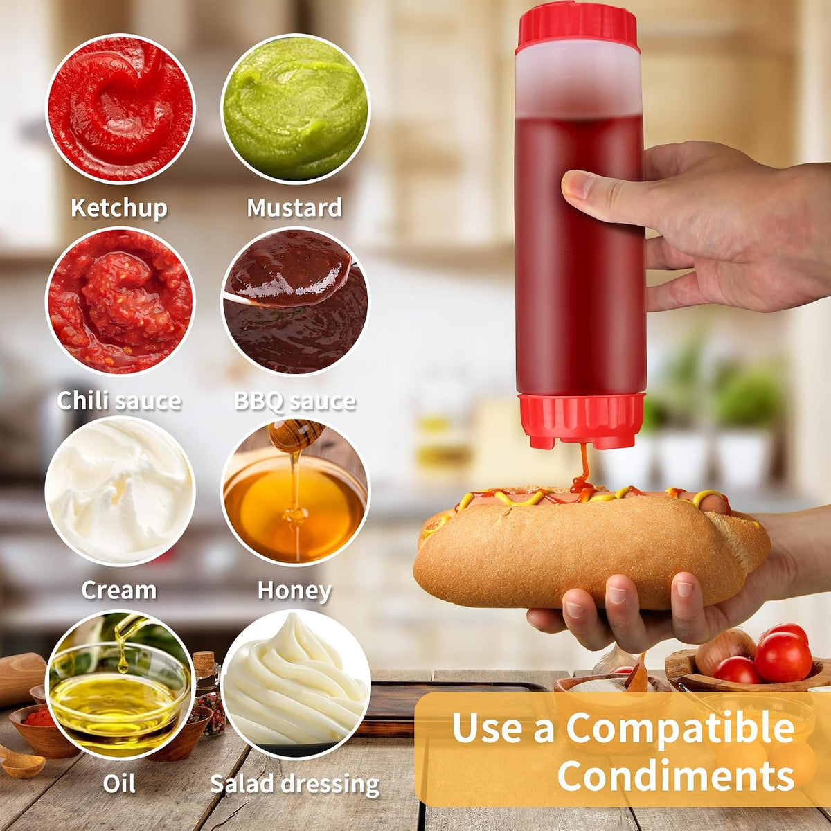 20 oz Inverted Condiment Squeeze Bottles, Leak-proof Refillable Sauce Container for All Types Liquid, Plastic Squeeze Dispenser for Ketchup Mustard Mayo Honey Syrup Oil