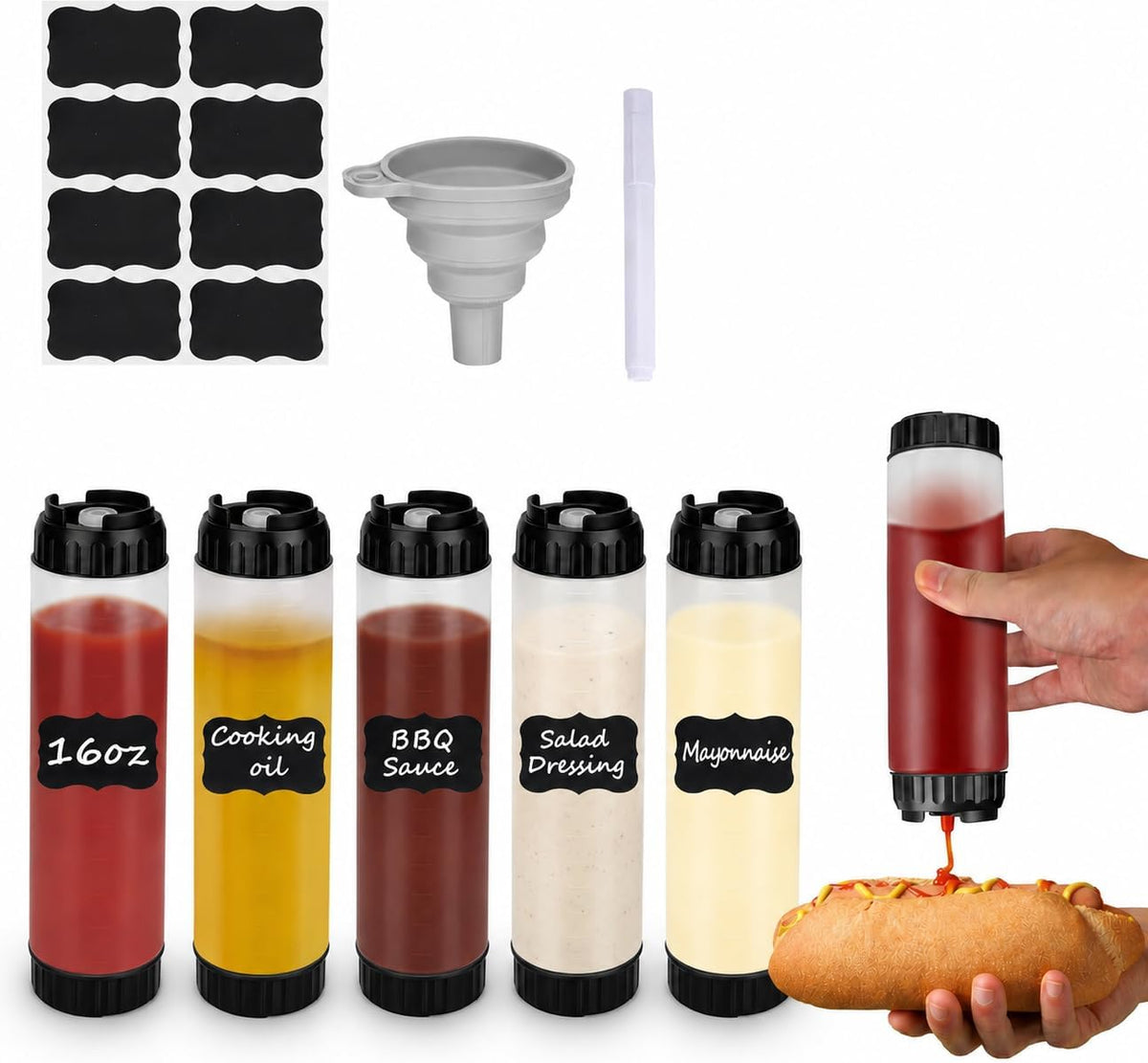 20 oz Inverted Condiment Squeeze Bottles, Leak-proof Refillable Sauce Container for All Types Liquid, Plastic Squeeze Dispenser for Ketchup Mustard Mayo Honey Syrup Oil