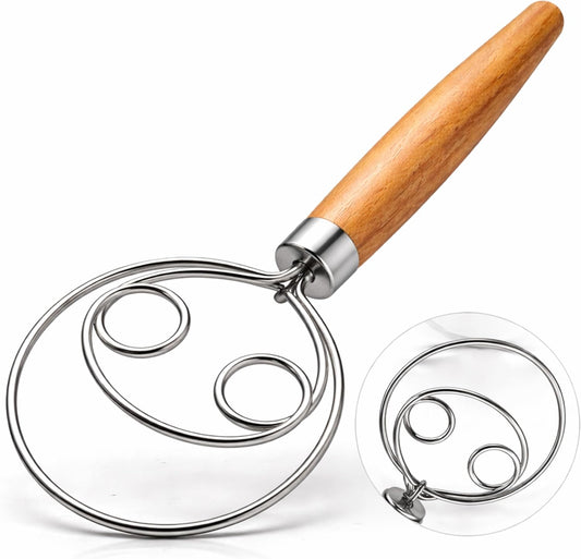 Danish Dough Whisk for Sourdough Bread – Stainless Steel Manual Dough Mixer with Wooden Handle 13 Inch Bread Mixing Tool for Pizza Baking & Artisan Dough