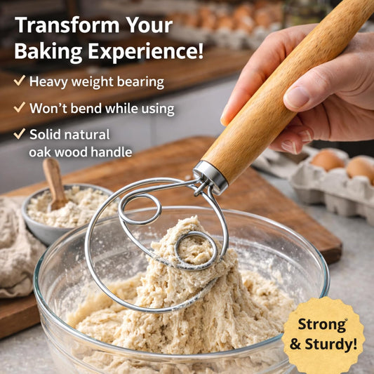 Danish Dough Whisk for Sourdough Bread – Stainless Steel Manual Dough Mixer with Wooden Handle 13 Inch Bread Mixing Tool for Pizza Baking & Artisan Dough