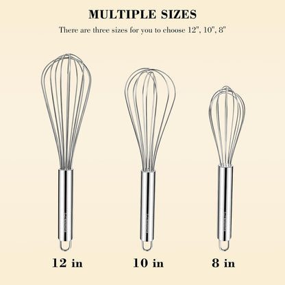 Stainless Steel Whisk Set 8" 10" 12" Kitchen Whisk Balloon Whisk Kitchen Wisk Wire Whisks for Cooking, Whisking, Blending, Beating, Stirring-3 Pack…