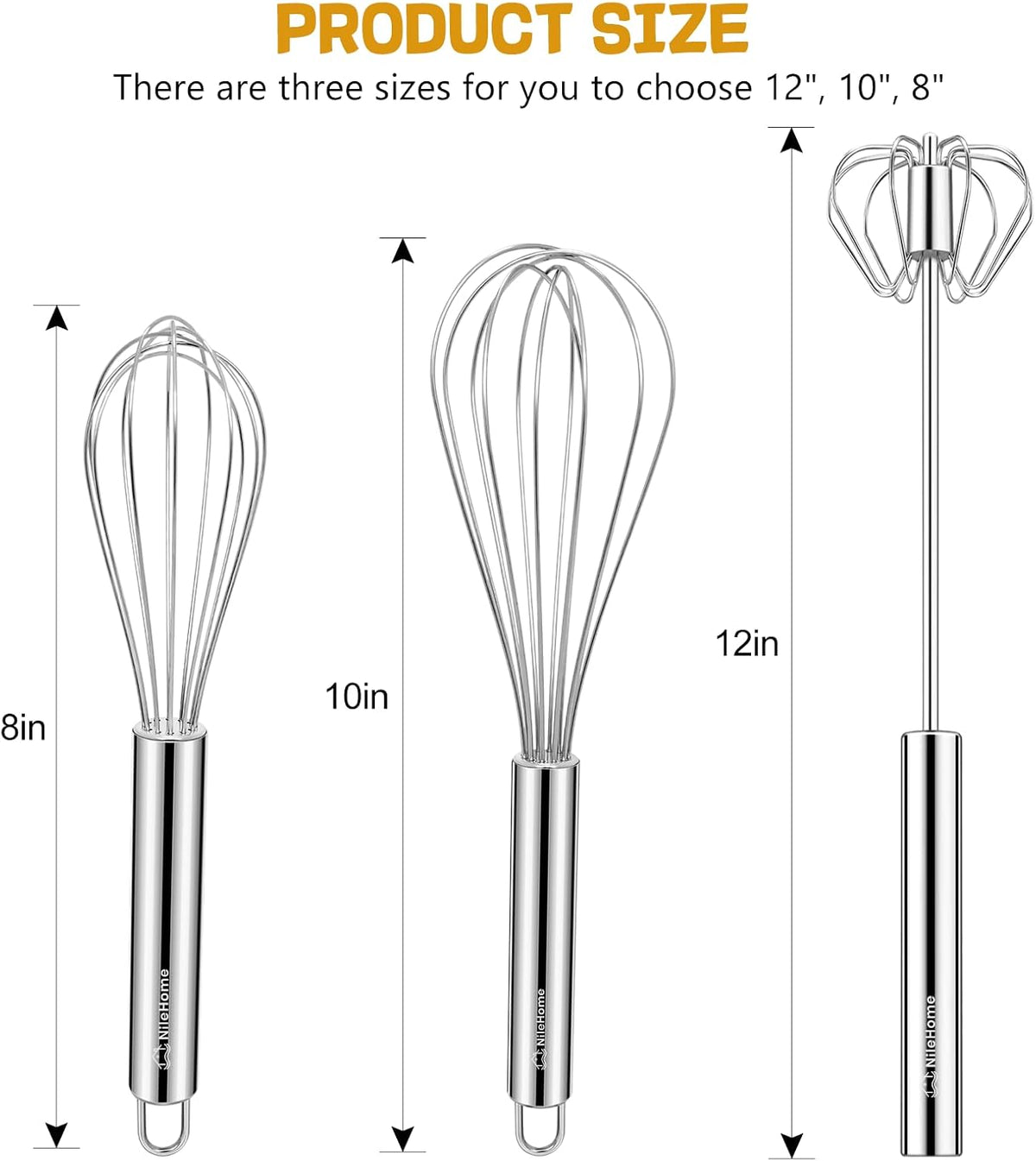 Stainless Steel Whisk Set 8" 10" 12" Kitchen Whisk Balloon Whisk Kitchen Wisk Wire Whisks for Cooking, Whisking, Blending, Beating, Stirring-3 Pack…