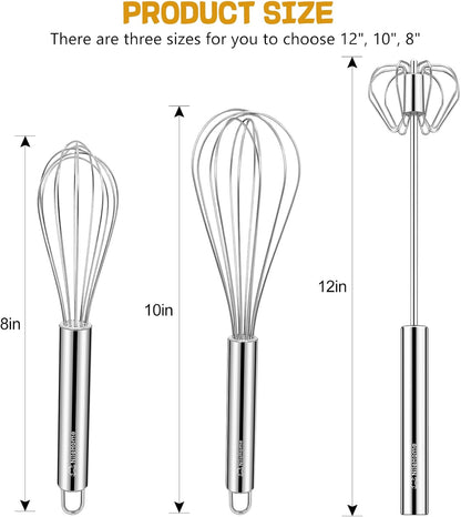 Stainless Steel Whisk Set 8" 10" 12" Kitchen Whisk Balloon Whisk Kitchen Wisk Wire Whisks for Cooking, Whisking, Blending, Beating, Stirring-3 Pack…