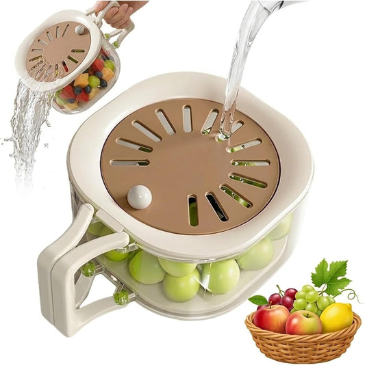 2-in-1 Fruit Washing Bowl with Strainer & Lid, Berry Container for Fridge, Plastic Produce Saver Drain Basket with Handle, Fruit Storage Container & Colander Bowl for Berries, Grapes, Lettuce