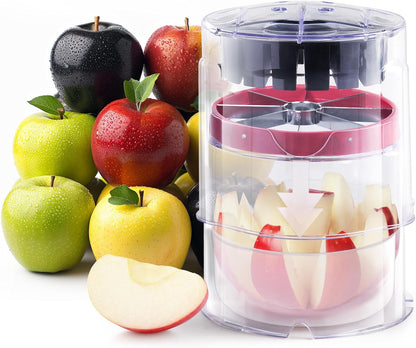 Newness 5.12-Inch Apple Slicer with Clear Bowl, 16-Slice Heavy Duty Stainless Steel Apple Cutter & Corer, Ultra-Safe Design Cuts Apples All the Way Through