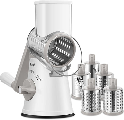 Upgraded Rotary Cheese Grater, 5 in 1 Cheese Shredder Veggie Slicer | Non-slip Suction Base, 430 Stainless Steel, No BPA, Dishwasher Safe, for Cheese Shredding, Wavy Slicing, Ice Shaving