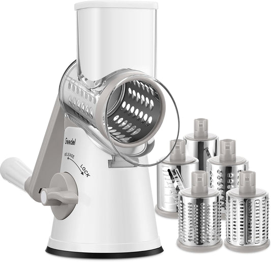 Upgraded Rotary Cheese Grater, 5 in 1 Cheese Shredder Veggie Slicer | Non-slip Suction Base, 430 Stainless Steel, No BPA, Dishwasher Safe, for Cheese Shredding, Wavy Slicing, Ice Shaving