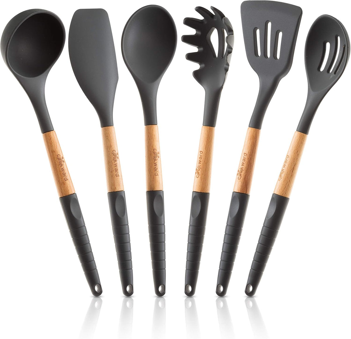Silicone Cooking Utensils Set 6 Piece – Heat Resistant up to 480°F, BPA Free & Non-Scratch Kitchen Tools with Natural Wood Handles, Dark Gray