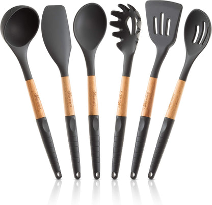 Silicone Cooking Utensils Set 6 Piece – Heat Resistant up to 480°F, BPA Free & Non-Scratch Kitchen Tools with Natural Wood Handles, Dark Gray