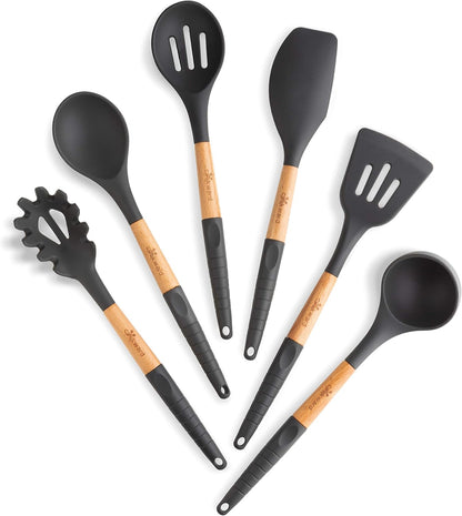 Silicone Cooking Utensils Set 6 Piece – Heat Resistant up to 480°F, BPA Free & Non-Scratch Kitchen Tools with Natural Wood Handles, Dark Gray