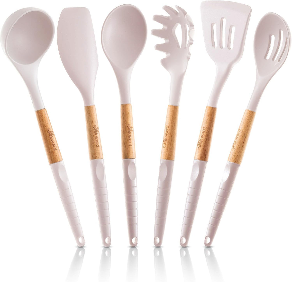 Silicone Cooking Utensils Set 6 Piece – Heat Resistant up to 480°F, BPA Free & Non-Scratch Kitchen Tools with Natural Wood Handles, Dark Gray
