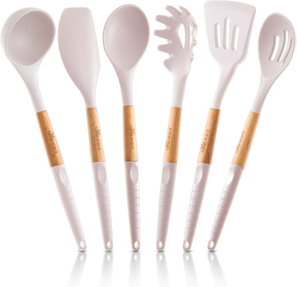 Silicone Cooking Utensils Set 6 Piece – Heat Resistant up to 480°F, BPA Free & Non-Scratch Kitchen Tools with Natural Wood Handles, Dark Gray