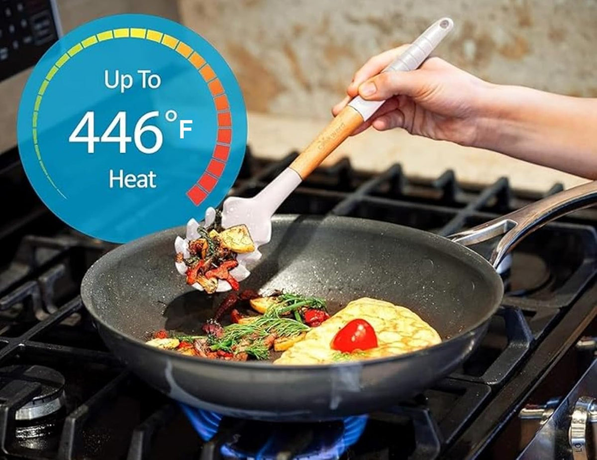 Silicone Cooking Utensils Set 6 Piece – Heat Resistant up to 480°F, BPA Free & Non-Scratch Kitchen Tools with Natural Wood Handles, Dark Gray