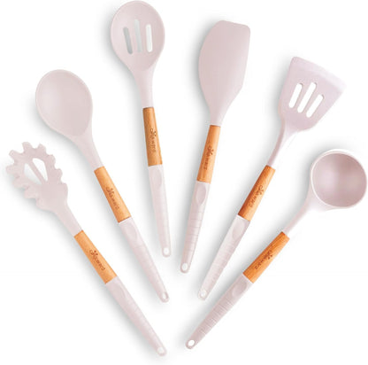 Silicone Cooking Utensils Set 6 Piece – Heat Resistant up to 480°F, BPA Free & Non-Scratch Kitchen Tools with Natural Wood Handles, Dark Gray