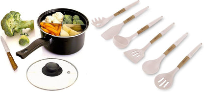 Silicone Cooking Utensils Set 6 Piece – Heat Resistant up to 480°F, BPA Free & Non-Scratch Kitchen Tools with Natural Wood Handles, Dark Gray