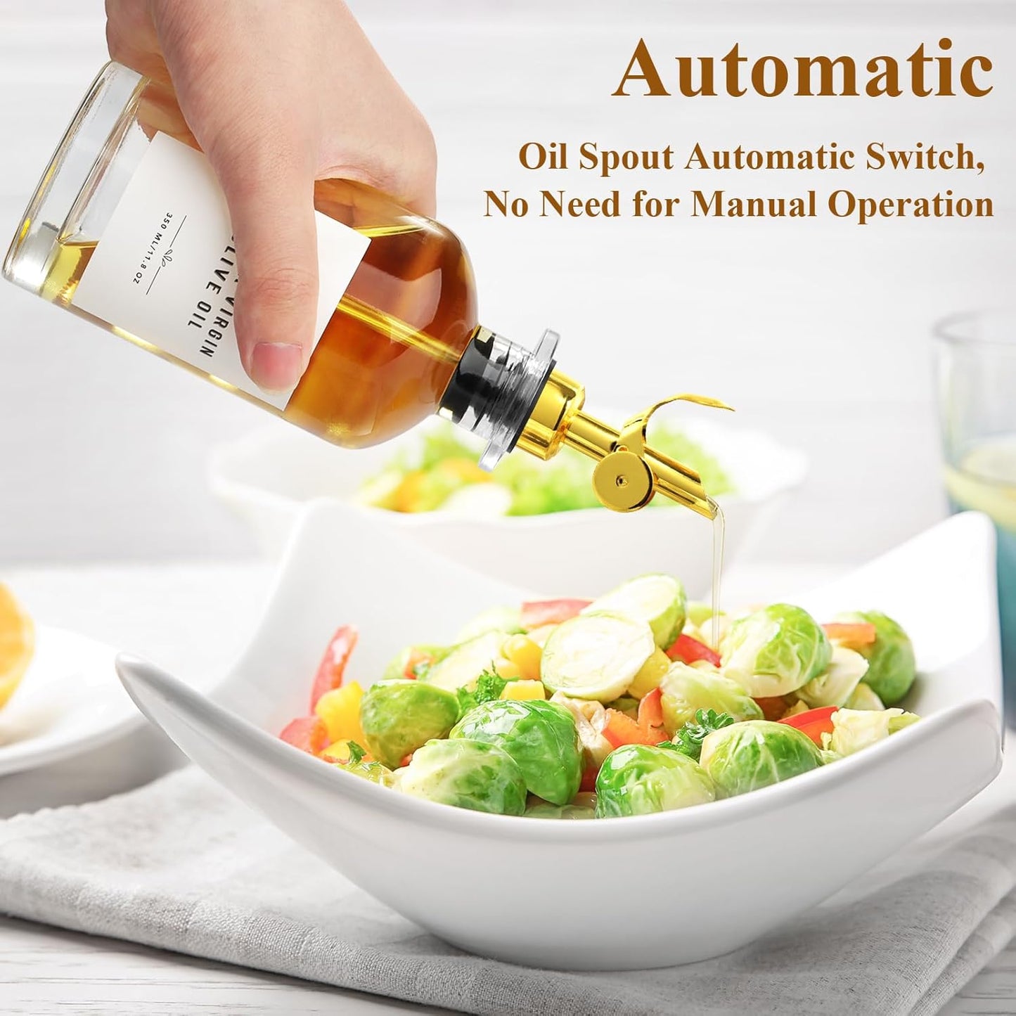11.8 oz Olive Oil Dispenser Bottle with Bamboo Tray, Gold Metal Pour Spout | Oil and Vinegar Dispenser Set, Coffee Syrup & Cooking Oil Glass Dispenser for Kitchen - Set of 2