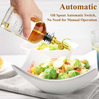 11.8 oz Olive Oil Dispenser Bottle with Bamboo Tray, Gold Metal Pour Spout | Oil and Vinegar Dispenser Set, Coffee Syrup & Cooking Oil Glass Dispenser for Kitchen - Set of 2